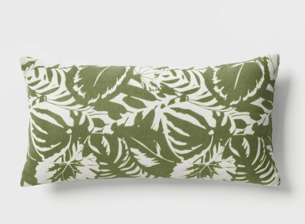 green and white leaf print outdoor throw pillow